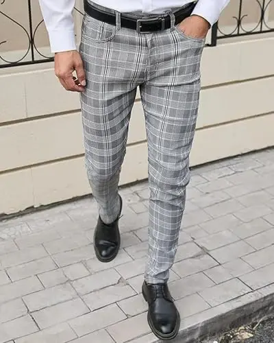 TENGINE Plaid Pants for Men, Mens Skinny Stretch Slim fit Chinos Golf Business Dress Casual Pants - 3