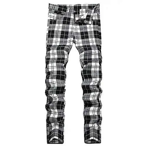 TENGINE Plaid Pants for Men, Mens Skinny Stretch Slim fit Chinos Golf Business Dress Casual Pants 