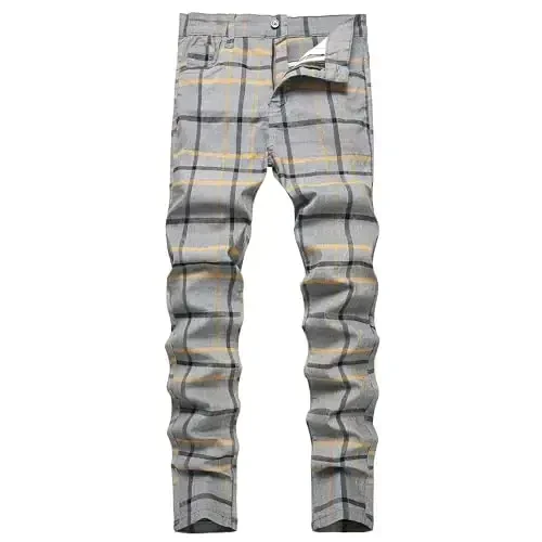 TENGINE Plaid Pants for Men, Mens Skinny Stretch Slim fit Chinos Golf Business Dress Casual Pants - 1