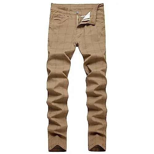 TENGINE Plaid Pants for Men, Mens Skinny Stretch Slim fit Chinos Golf Business Dress Casual Pants 