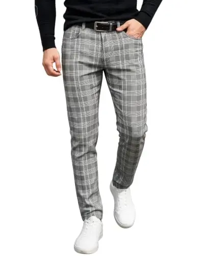 TENGINE Plaid Pants for Men, Mens Skinny Stretch Slim fit Chinos Golf Business Dress Casual Pants - 1