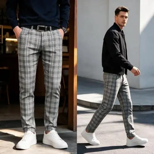 TENGINE Plaid Pants for Men, Mens Skinny Stretch Slim fit Chinos Golf Business Dress Casual Pants - 2