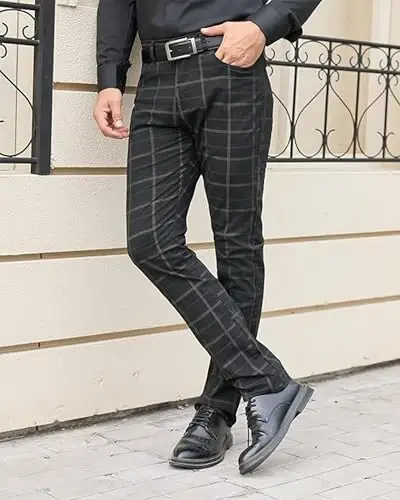 TENGINE Plaid Pants for Men, Mens Skinny Stretch Slim fit Chinos Golf Business Dress Casual Pants - 3