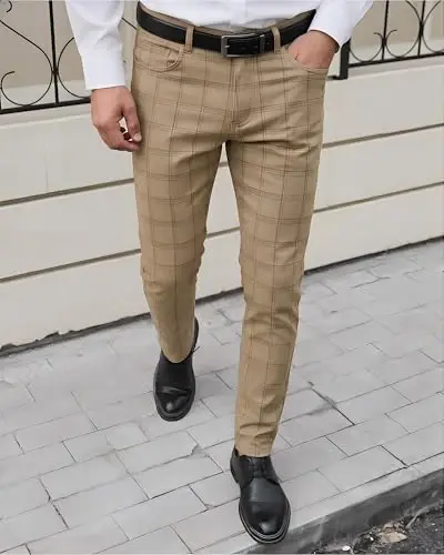 TENGINE Plaid Pants for Men, Mens Skinny Stretch Slim fit Chinos Golf Business Dress Casual Pants - TENGINE (1)