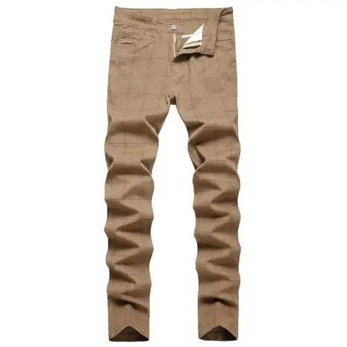 TENGINE Plaid Pants for Men, Mens Skinny Stretch Slim fit Chinos Golf Business Dress Casual Pants 