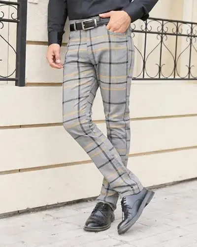 TENGINE Plaid Pants for Men, Mens Skinny Stretch Slim fit Chinos Golf Business Dress Casual Pants - 3