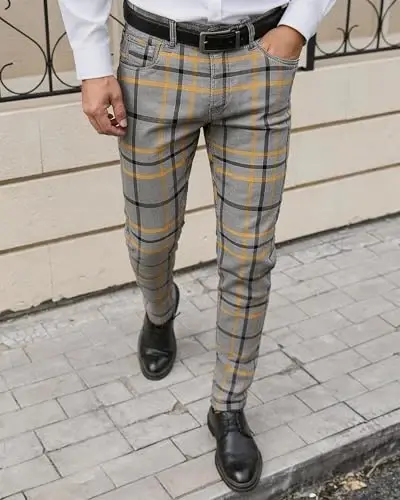 TENGINE Plaid Pants for Men, Mens Skinny Stretch Slim fit Chinos Golf Business Dress Casual Pants - TENGINE (1)