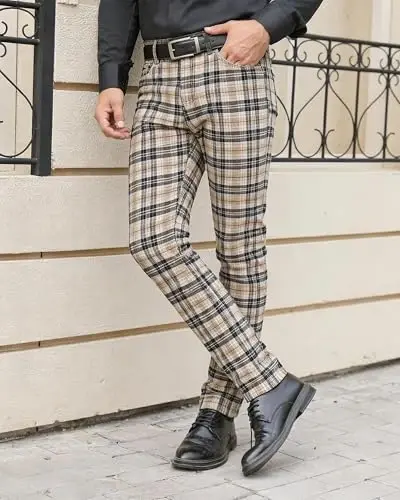 TENGINE Plaid Pants for Men, Mens Skinny Stretch Slim fit Chinos Golf Business Dress Casual Pants - 3