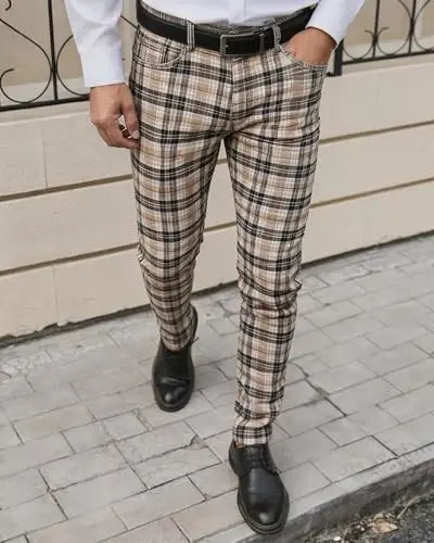 TENGINE Plaid Pants for Men, Mens Skinny Stretch Slim fit Chinos Golf Business Dress Casual Pants - 6