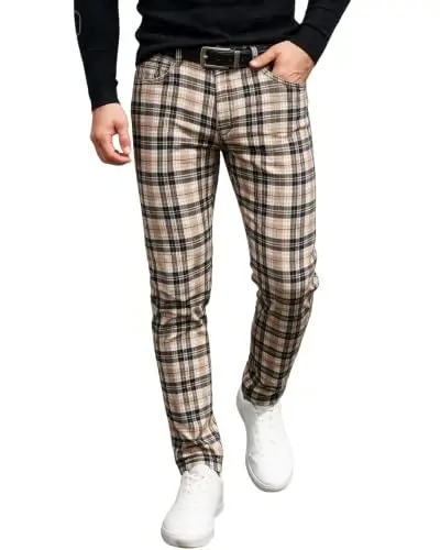 TENGINE Plaid Pants for Men, Mens Skinny Stretch Slim fit Chinos Golf Business Dress Casual Pants - TENGINE