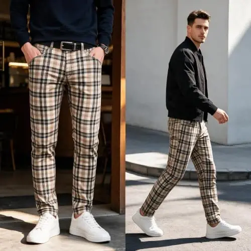 TENGINE Plaid Pants for Men, Mens Skinny Stretch Slim fit Chinos Golf Business Dress Casual Pants - TENGINE (1)