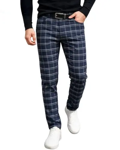 TENGINE Plaid Pants for Men, Mens Skinny Stretch Slim fit Chinos Golf Business Dress Casual Pants - 1
