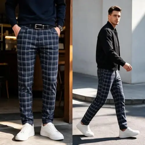 TENGINE Plaid Pants for Men, Mens Skinny Stretch Slim fit Chinos Golf Business Dress Casual Pants - TENGINE (1)