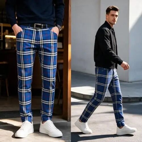 TENGINE Plaid Pants for Men, Mens Skinny Stretch Slim fit Chinos Golf Business Dress Casual Pants - TENGINE (1)