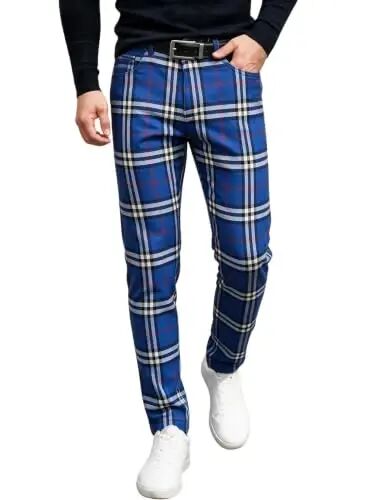 TENGINE Plaid Pants for Men, Mens Skinny Stretch Slim fit Chinos Golf Business Dress Casual Pants - TENGINE