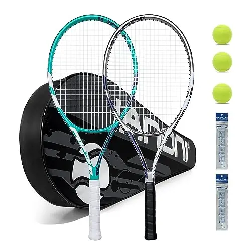 Tennis Rackets for Adults, Pre-Strung 27 Inch Tennis Racquets-2 Player Tennis Racket Set with 3 Balls,2 Grips, 2 Vibration Dampers - 1