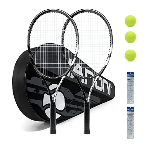 Tennis Rackets for Adults, Pre-Strung 27 Inch Tennis Racquets-2 Player Tennis Racket Set with 3 Balls,2 Grips, 2 Vibration Dampers - 1