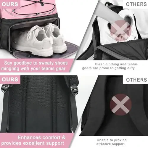Теннисная сумка Arcoyard, Большие теннисные сумки для женщин, Рюкзак для тенниса с вентилируемым отделением для обуви и изолированным карманом, Вмещает 2 теннисных/пиклбольных ракетки, теннисные/пиклбольные мячи и многое другое - 12