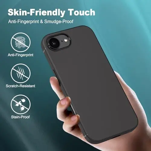 TENOC Phone Case iPhone 16e bilan mos keladi, qora g'ilof barmoq izlariga qarshi himoya tamponli mat qoplamasi 6,1 dyuym uchun - 4