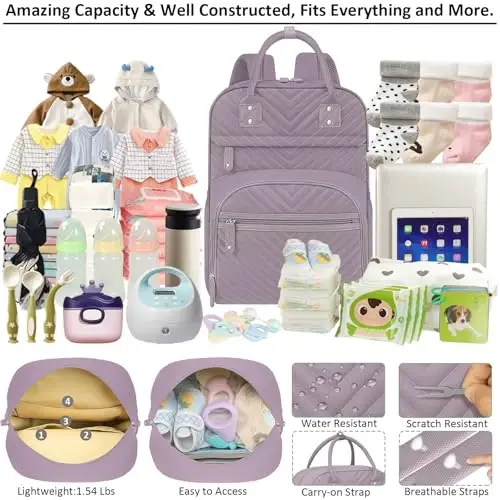 Tenot Diaper Bag Backpack for Women Large Capacity with Insulated Pockets Multifunctional Diaper Bags For Baby Girl Boy Waterproof Baby Bags For Mama Maternity Travel Bag Purple - 3