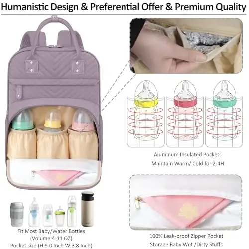 Tenot Diaper Bag Backpack for Women Large Capacity with Insulated Pockets Multifunctional Diaper Bags For Baby Girl Boy Waterproof Baby Bags For Mama Maternity Travel Bag Purple - TENOT (1)