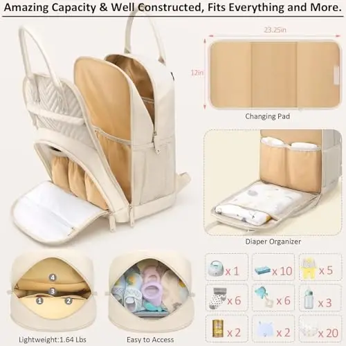 Tenot Diaper Bag Backpack for Women with Changing Pad, Baby Bag with Insulated Pockets Multifunctional Diaper Bags For Baby Girl Boy Waterproof Baby Bags For Boys Girls Maternity Bag Beige - 3
