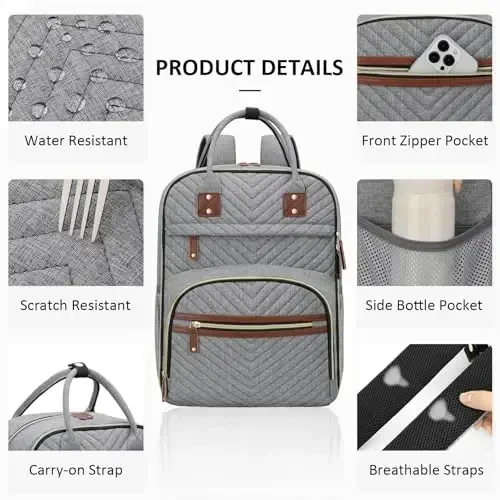 Tenot Diaper Bag Backpack for Women with Changing Pad, Baby Bag with Insulated Pockets Multifunctional Diaper Bags For Baby Girl Boy Waterproof Baby Bags For Boys Girls Maternity Bag Grey - 6