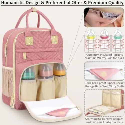 Tenot Diaper Bag Backpack for Women with Changing Pad Bag Pink | Large Capacity, Multifunctional, Waterproof, Travel Baby Diaper Bags for Mom,Dad,Baby Girl Boy - TENOT (1)