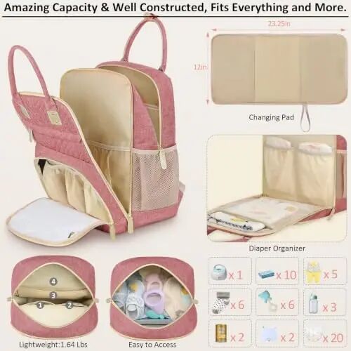 Tenot Diaper Bag Backpack for Women with Changing Pad Bag Pink | Large Capacity, Multifunctional, Waterproof, Travel Baby Diaper Bags for Mom,Dad,Baby Girl Boy - 3