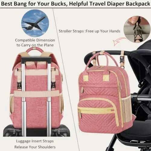 Tenot Diaper Bag Backpack for Women with Changing Pad Bag Pink | Large Capacity, Multifunctional, Waterproof, Travel Baby Diaper Bags for Mom,Dad,Baby Girl Boy - 4