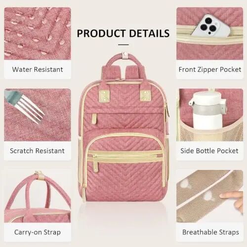 Tenot Diaper Bag Backpack for Women with Changing Pad Bag Pink | Large Capacity, Multifunctional, Waterproof, Travel Baby Diaper Bags for Mom,Dad,Baby Girl Boy - 6