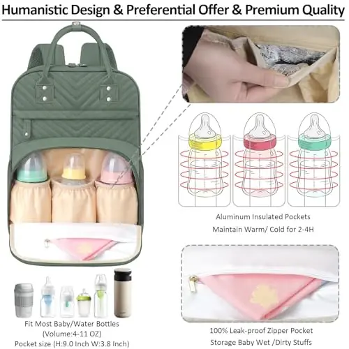 Tenot Diaper Bag Backpack for Women with Insulated Pockets Green | Large Capacity, Multifunctional, Waterproof, Travel Baby Diaper Bags for Mom,Dad,Baby Girl Boy - 2