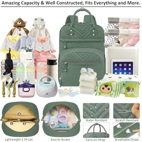 Tenot Diaper Bag Backpack for Women with Insulated Pockets Green | Large Capacity, Multifunctional, Waterproof, Travel Baby Diaper Bags for Mom,Dad,Baby Girl Boy - 3