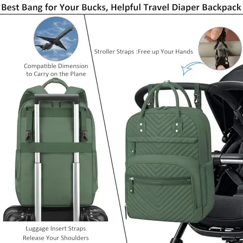 Tenot Diaper Bag Backpack for Women with Insulated Pockets Green | Large Capacity, Multifunctional, Waterproof, Travel Baby Diaper Bags for Mom,Dad,Baby Girl Boy - 4
