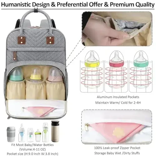 Tenot Diaper Bag Backpack Tote erkaklar uchun izolyatsiyalangan cho'ntaklar bilan chaqaloq o'g'il qizlar uchun yangi tug'ilgan unisex taktik katta hajmli, ko'p funktsiyali suv o'tkazmaydigan kulrang - 2