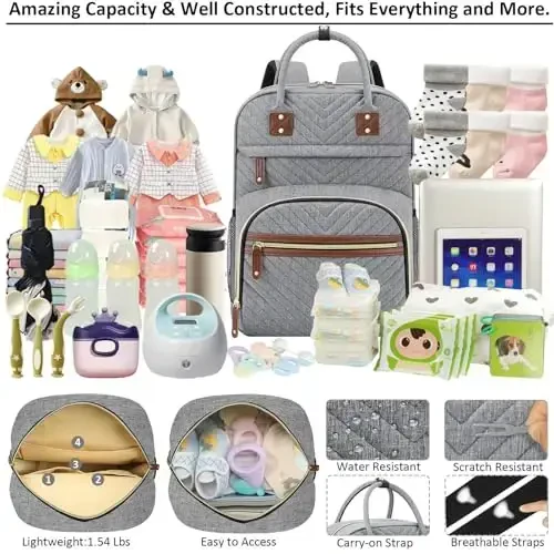 Tenot Diaper Bag Backpack Tote erkaklar uchun izolyatsiyalangan cho'ntaklar bilan chaqaloq o'g'il qizlar uchun yangi tug'ilgan unisex taktik katta hajmli, ko'p funktsiyali suv o'tkazmaydigan kulrang - 3