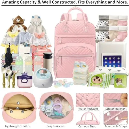 Tenot Diaper Bag Backpack Tote for Women Large Capacity, Baby Bag with Insulated Pockets Multifunctional Diaper Bags For Baby Girl Boy Waterproof Baby Bags For Boys Girls Maternity Bag Baby Pink - 3