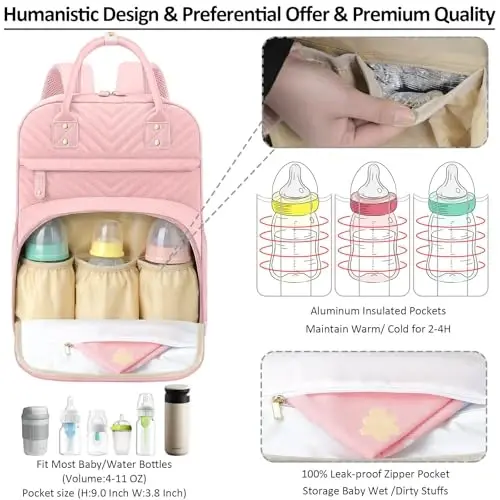 Tenot Diaper Bag Backpack Tote for Women Large Capacity, Baby Bag with Insulated Pockets Multifunctional Diaper Bags For Baby Girl Boy Waterproof Baby Bags For Boys Girls Maternity Bag Baby Pink - TENOT (1)