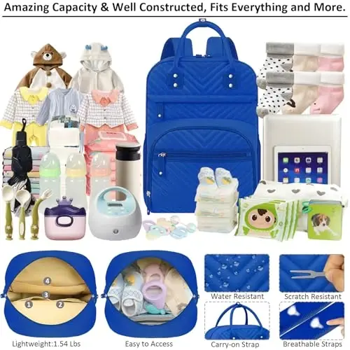 Tenot Diaper Bag Backpack Tote for Women Large Capacity, Baby with Insulated Pockets Multifunctional Bags For Girl Boy Waterproof Boys Girls Mama Maternity Travel Royal Blue - 3