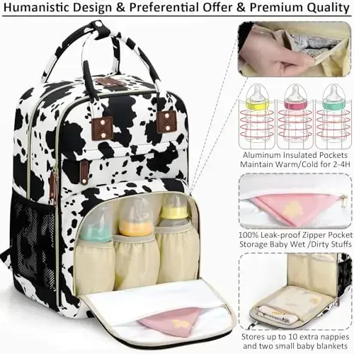 Tenot Diaper Bag рюкзак для женщин с пеленальным ковриком, сумка для подгузников с изолированными карманами, многофункциональные сумки для подгузников для девочек и мальчиков, водонепроницаемые сумки для мальчиков и девочек, сумка для беременных с коровьим принтом - 2