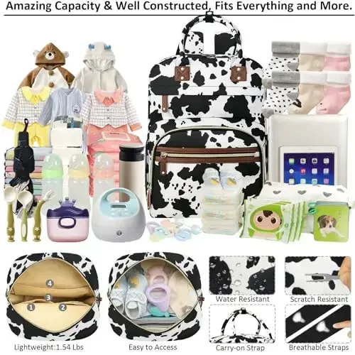 Tenot Large Capacity Baby Diaper Bag Backpack with Insulated Pockets, Waterproof, Stylish Cow Print Design, Suitable for Boys and Girls - 3