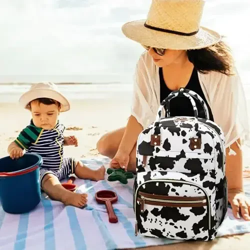 Tenot Large Capacity Baby Diaper Bag Backpack with Insulated Pockets, Waterproof, Stylish Cow Print Design, Suitable for Boys and Girls - 6
