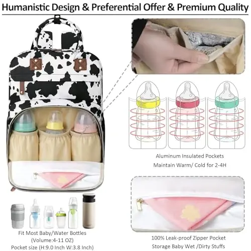 Tenot Large Capacity Baby Diaper Bag Backpack with Insulated Pockets, Waterproof, Stylish Cow Print Design, Suitable for Boys and Girls - 2