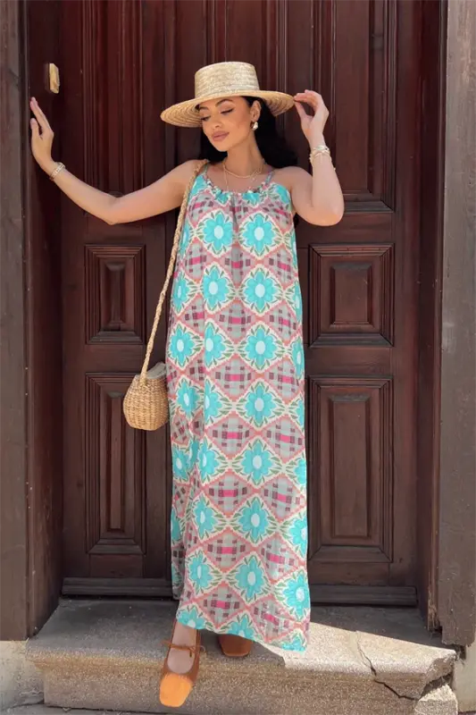 Tensel Crinkle Fabric Beaded Strap Dress - BLUE - BÜYÜKBEDENIZ