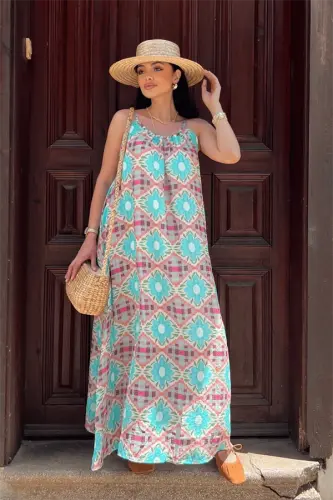 Tensel Crinkle Fabric Beaded Strap Dress - BLUE - 2