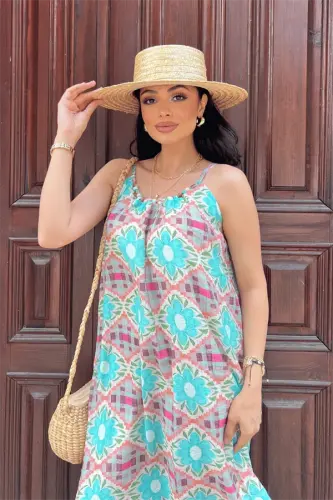 Tensel kraşli mato munchoqli detallar bilan bog'langan ko'ylak - Moviy - 3