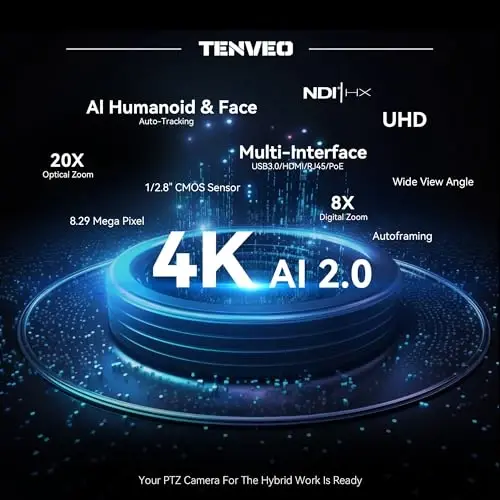 Tenveo 4K NDI PTZ Camera, AI Humanoid & Face Auto-Tracking, 20X Optical + 8X Digital Zoom, USB3.0/HDMI/LAN PoE IP Live Streaming for Church Worship Broadcast Events Video Conference YouTube OBS - 2