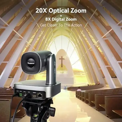 Tenveo 4K NDI PTZ Camera, AI Humanoid & Face Auto-Tracking, 20X Optical + 8X Digital Zoom, USB3.0/HDMI/LAN PoE IP Live Streaming for Church Worship Broadcast Events Video Conference YouTube OBS - 4