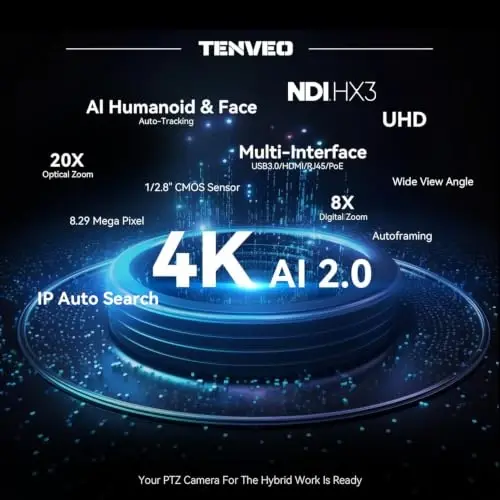 Tenveo 4K NDI 6 & NDI HX3 PTZ Camera, AI Humanoid & Face Auto-Tracking, 20X Optical + 8X Digital Zoom, USB3.0/HDMI/LAN PoE IP Live Streaming for Church Worship Broadcast Events Video Conference OBS - 1