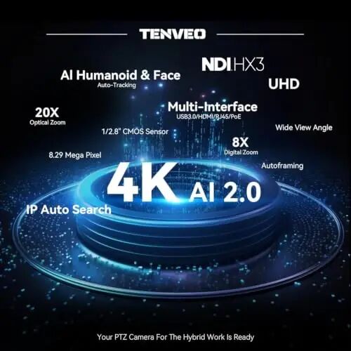 Tenveo 4K NDI 6 & NDI HX3 PTZ Camera, AI Humanoid & Face Auto-Tracking, 20X Optical + 8X Digital Zoom, USB3.0/HDMI/LAN PoE IP Live Streaming for Church Worship Broadcast Events Video Conference OBS 